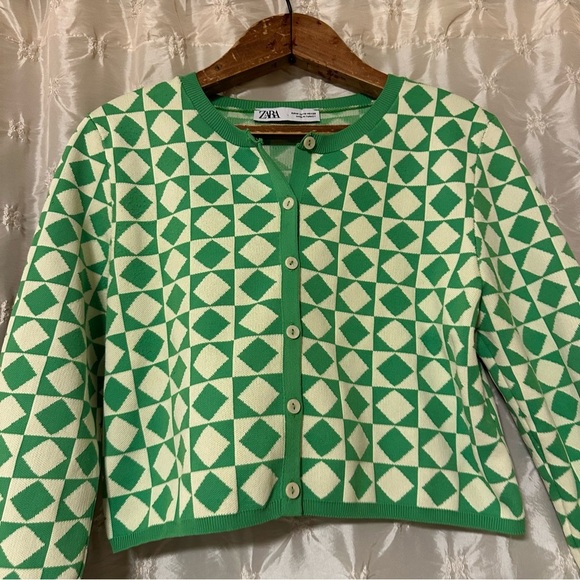 Zara Green Cream Geometric Button Front Cardigan Sweater Cropped Fitted - Picture 6 of 12
